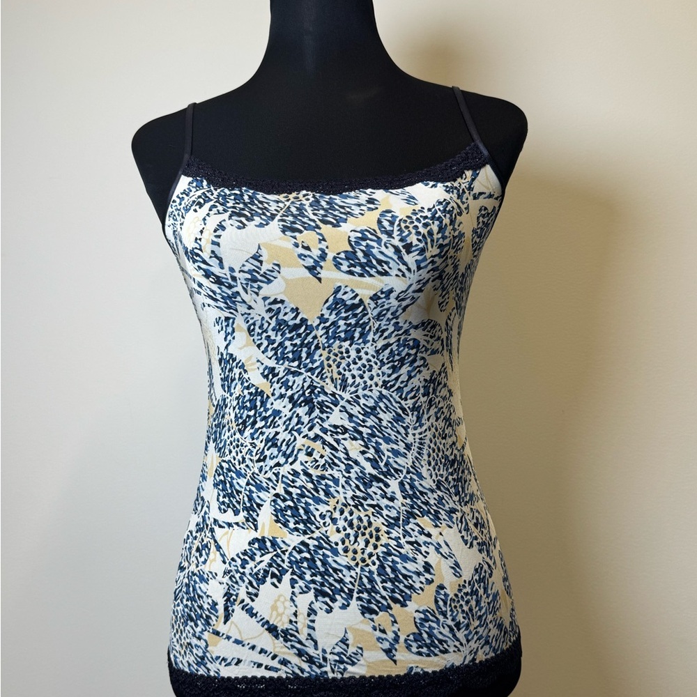 Jockey Sport Floral Tank Camisole Blue Cream Lace Trim Small